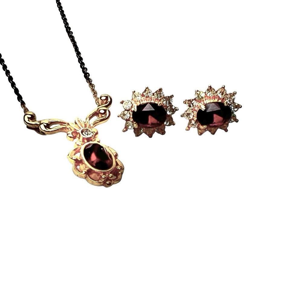 Jewelry Lot 2 Necklace Earrings Faceted Burgundy Red Stones Rhinestone Gold Tone